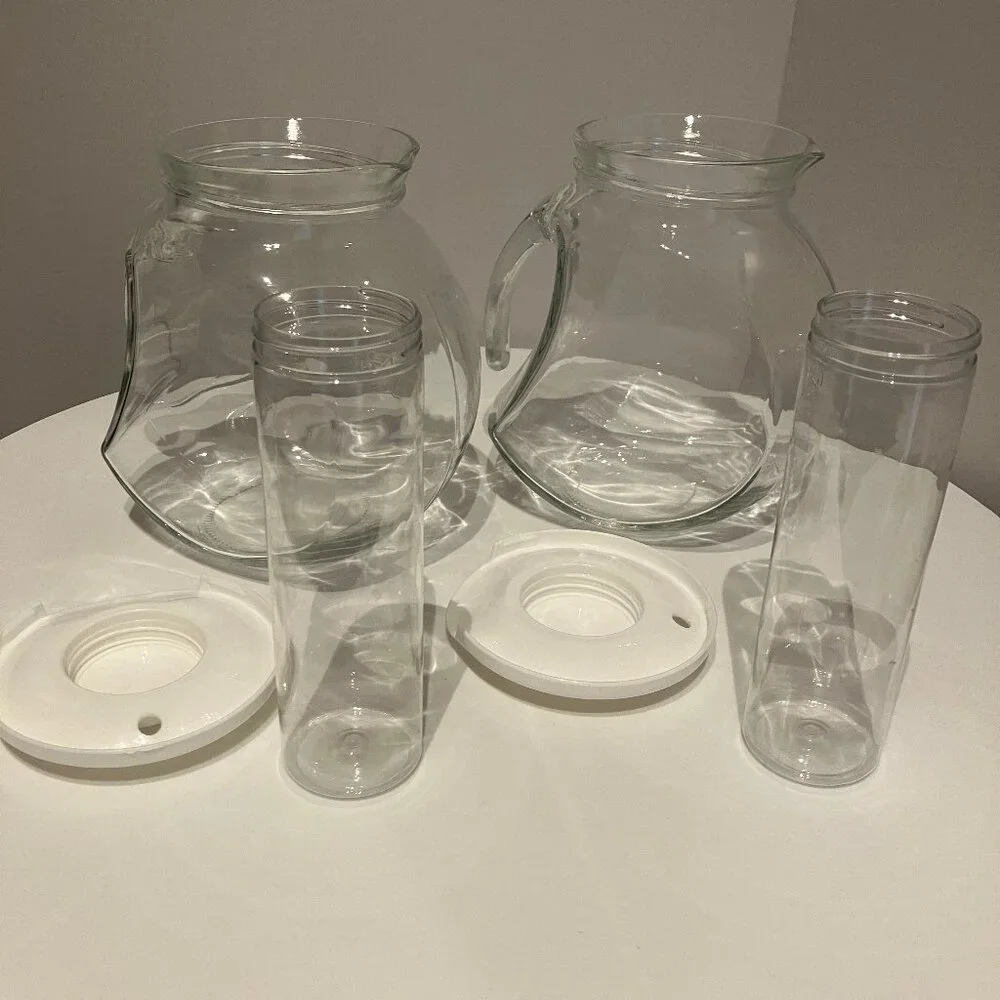 2 Crate & Barrel Iced Tea/Lemonade Glass Pitcher with Ice Insert and White Lid